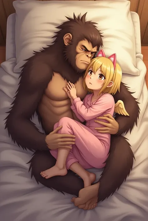 2people, 1man((Monkey man with brown hair, shirtless, wearing black pajama pants)) and 1girl ((blonde hair, short hair , pink pajamas, cat ears, angel wings)), both laying in bed, cuddling each other , anime style 