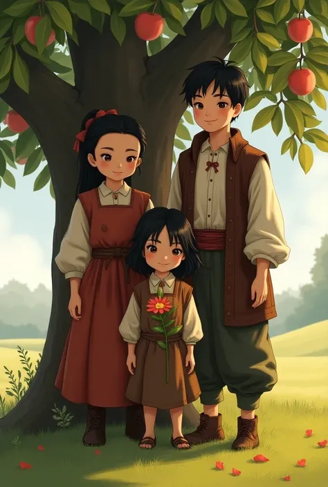 Девочка Cossack 3 летнего возраста, standing with one flower by an apple tree ,  has medium long black hair and black eyes, Cossack, in casual clothes, a  sister and a  brother are standing next to each other, brother and sister TEEN GIRL