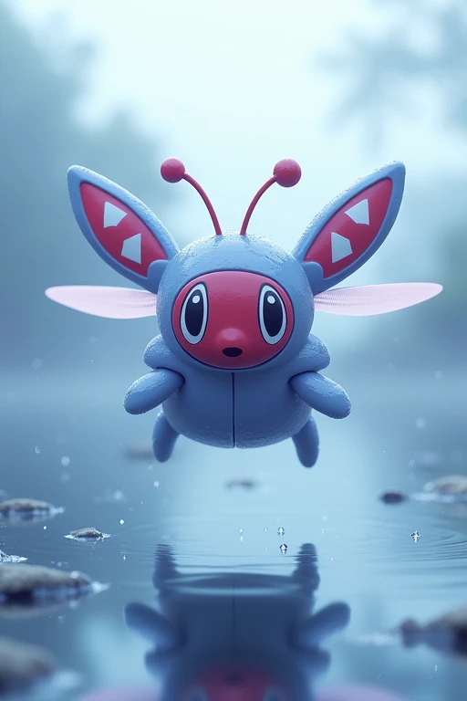  masked rain hovers over a foggy body of water ,  surrounded by shimmering water Drops .  masked rain is a medium-sized ,  insect-like Pokémon ,  the slightly blue , hellrot, white and violet appears.  The beetle flight Pokémon has a narrow body ,  which c...