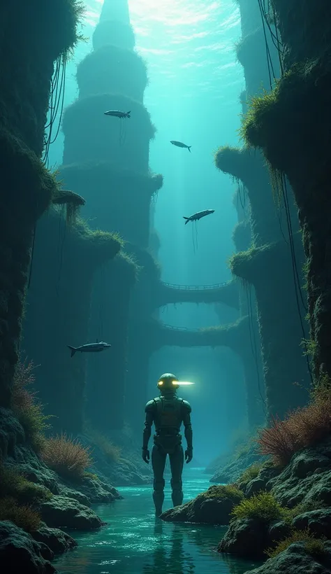 "Under the dark waters of a forgotten ocean, a submerged city holds the remnants of a lost civilization. A humanoid robot, designed to withstand deep-sea pressure, slowly walks through the flooded streets, where bioluminescent coral and algae cling to the ...