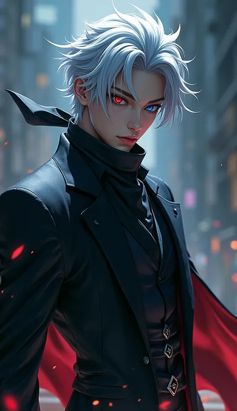 a highly detailed portrait of Gojo Satoru Use Limitless Technique, silver hair, piercing blue eyes, beautiful face, confident expression, wearing a black suit, dark and mysterious aura, sinister and villainous, Bandana, Red eye And Blue eye, dramatic light...