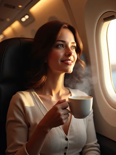 seed 3907538791 , A beautiful brunette woman is sitting in a passenger plane with a coffee in front of her and is obviously looking forward to her vacation. She is sitting in an Emirates plane to Dubai