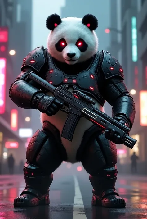 Panda with guns and cyber suit with red eyes 