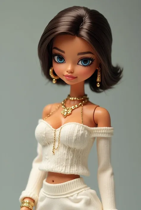  A Bratz doll that looks like me .  I am slim with big breasts , I have full lips , big blue eyes, A small snub nose and dark blond short hair,  wear gold jewelry and like white skirts and sweaters. I have a wide face  