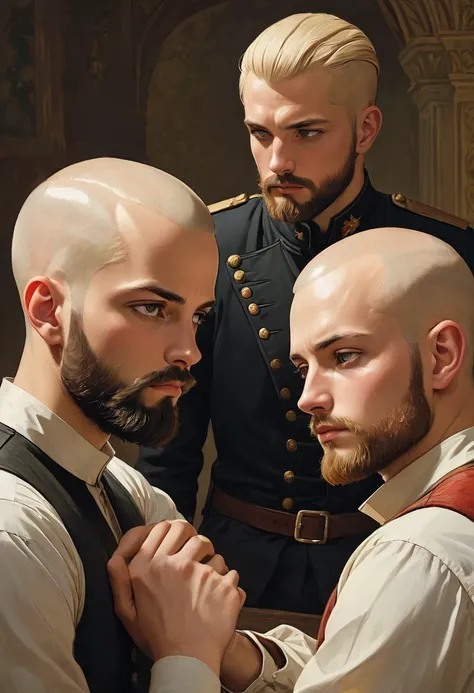  A bearded young man with a shaved head is lying next to another blond, bearded man.. A third man, also lying down, looks at them languidly. . Les 3 hommes semblent coquins. 