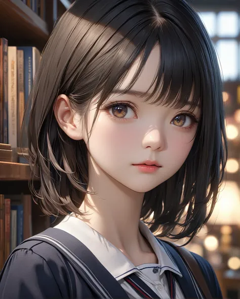 a school girl, 1girl,カールヘア、black hair, school uniform, library, best quality, 4k, 8k, highres, masterpiece:1.2, ultra-detailed, realistic, photorealistic, photo-realistic:1.37, HDR, UHD, studio lighting, ultra-fine painting, sharp focus, physically-based r...