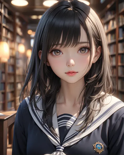 a school girl, 1girl,カールヘア、black hair, school uniform, library, best quality, 4k, 8k, highres, masterpiece:1.2, ultra-detailed, realistic, photorealistic, photo-realistic:1.37, HDR, UHD, studio lighting, ultra-fine painting, sharp focus, physically-based r...