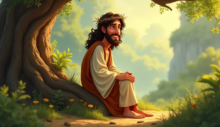  Jesus Christ with a crown of thorns on his head, smiling. Sitting on the trunk of a fallen tree on the ground . PIXAR style drawing.