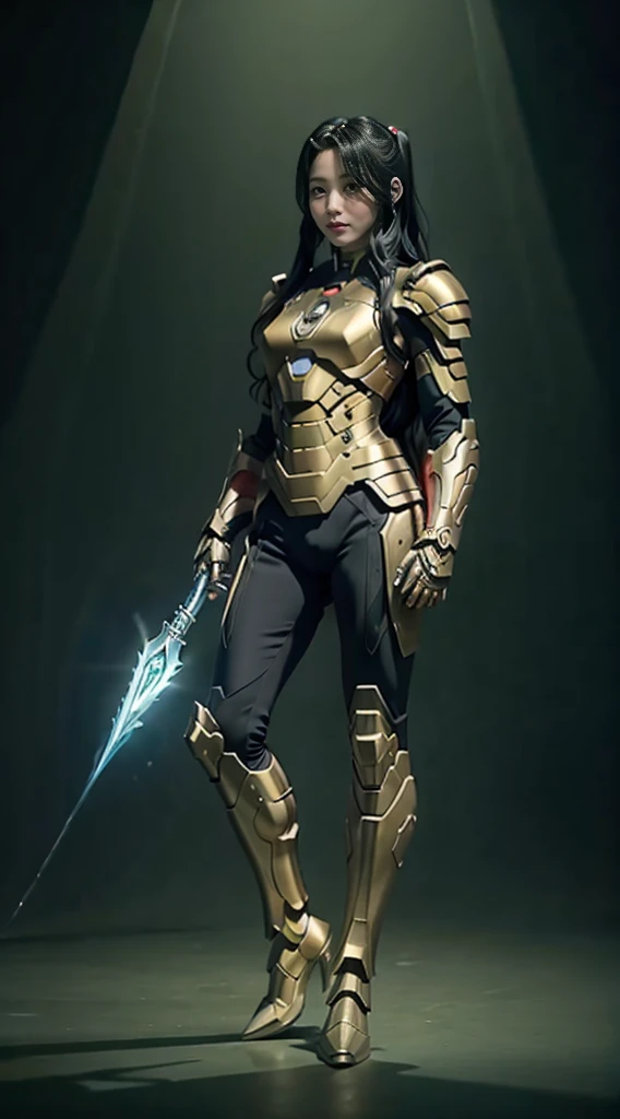 Full Body Photo. Standing in a full height. Studio Background. 8k HD good quality image. Jihyo from Twice has an ideal body, sexy wavy body, straight long hair, wearing a Green Full Iron Man armor without the helmet. FULL BODY FROM HEAD TO TOE. Standing in...