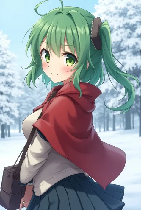 

, highest quality, high quality, Unity 8k background,  (Green eyes:1.1) - Ochi no ku  (رمز على appearance تلميذ:1.5) beautiful green hair smiling, smiling, blush, white breath, open your mouth, snow, earth fire, outdoor  ,  closed  , From the side , Wood...