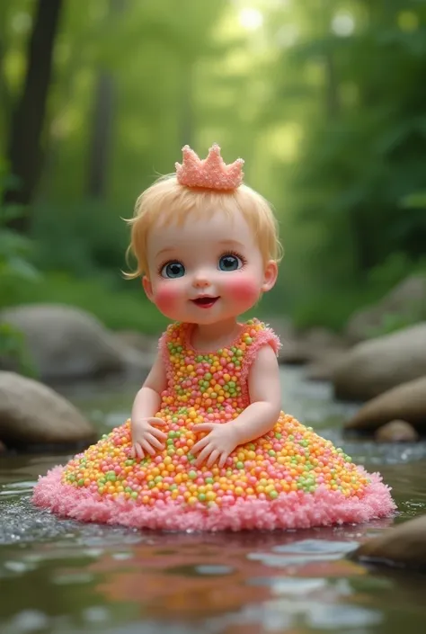 A cute baby wearing a long bright candies dress and a candies crown sitting in the stream ,the dress made by fully of candies realistic 9:16