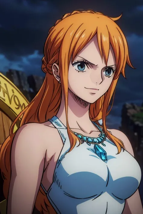  (Best Quality, 4K, 8k,  High Resolution , masterpiece:1.2), Super detailed, (Realistic, photoRealistic, photo-Realistic:1.37),  Preserving Anime Style ,Nami from One Piece, pale orange hair ,Left shoulder tattoo,smile,Large Breasts, Female Magic Warrior ,...