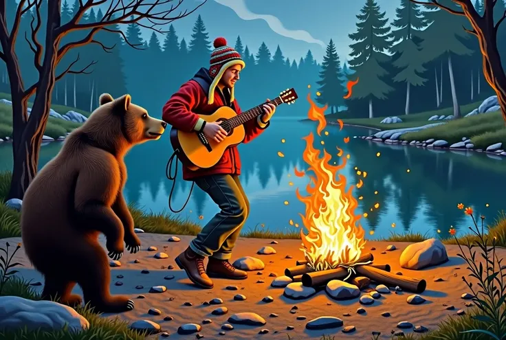  A Russian musician in a hat with earflaps dances with a guitar around the campfire,  sings a song and plays solo . there is a river nearby.  A bear sits around the campfire watching the guitarist dance .  Listens to his song and thinks about his own . Vau...