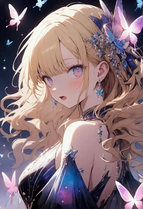 Gacha like splash art, long Wavy blonde hair, Young lady with shining galaxy colored eyes, cold expressions、open mouth, small hair accessories, Small earrings、butterflies surrounding her, elegant galaxy themed gown, looking at the camera, magenta magic cir...