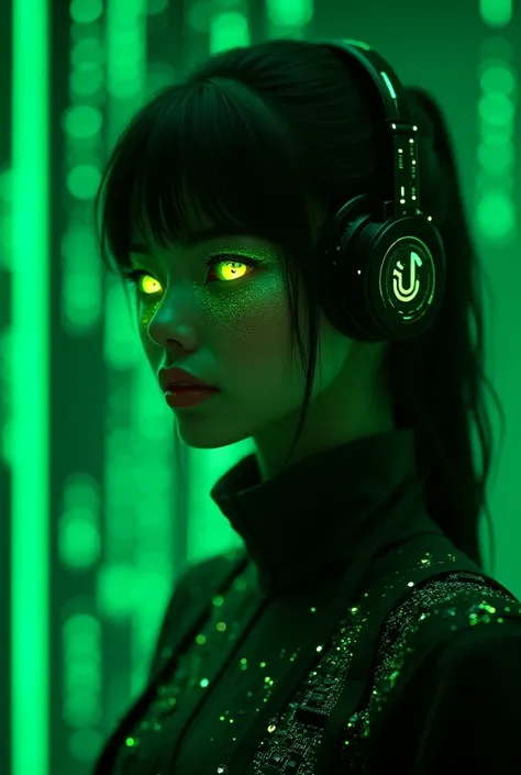 Size 1242x2688 pixels，Cyberpunk，Original style，3d，，A girl&#39;s head in the style of future technology machinery，Behind it is the future technology network code input，The girl character is fluorescent green。Clothes with circuit board design。Dark Moody，Mand...