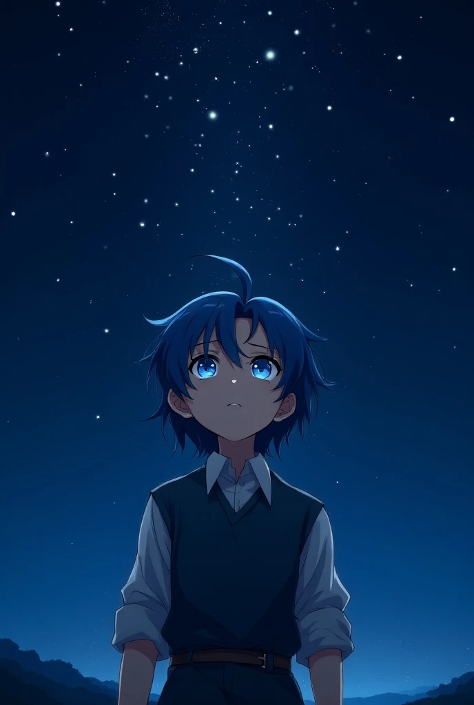 Take a picture of an anime boy with medium hair ,  Blue Eyes and Mediabal Clothes Looking at the Stars 

