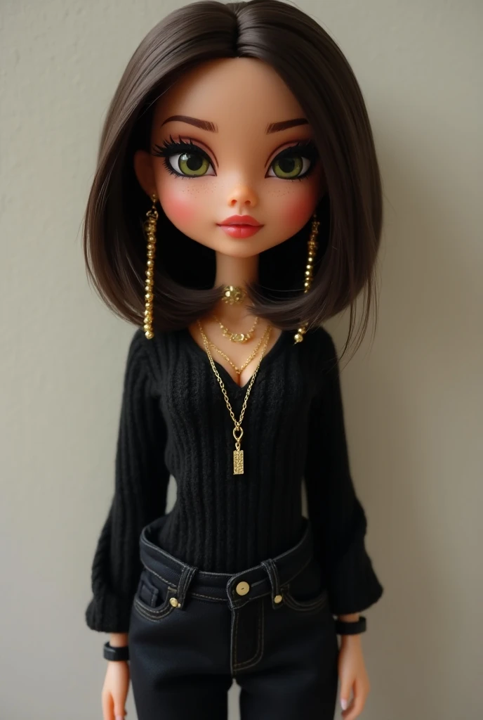  A Bratz doll that looks like me .  I am slim with small breasts ,  have narrow lips , big green brown eyes ,  a small snub nose and dark brown long bob hair,  wear gold jewelry and like black dress pants and dark sweaters.  I have a long narrow face and f...