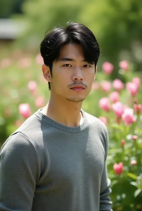 Potrait a handsome Japanese man, short black hair, wearing a sweater. garden background in bright daytime. HD quality.