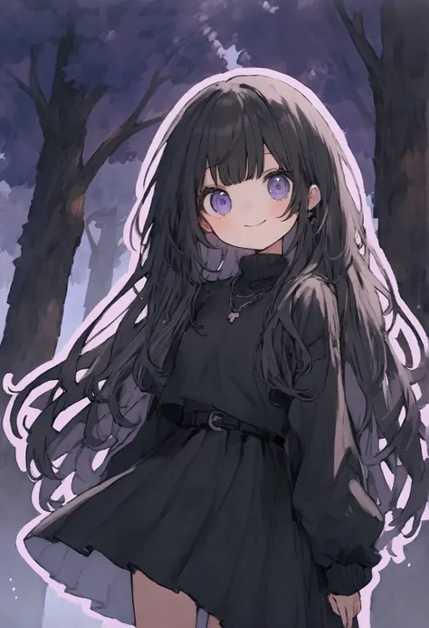 it&#39;s raining. a girl with a happy face is standing under a tree from the minecraft game .  A chan-chan girl is dressed in a black sweater and a black skirt with a purple outline