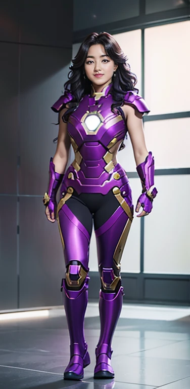 Full Body Photo. Studio Background. 8k HD good quality image. Jihyo from TWICE has an ideal body , sexy wavy body, straight long hair, wearing a COLOURED Purple Iron Man armor without the helmet. Purple Iron Pants and Purple Iron Boots. FULL BODY FROM HEAD...