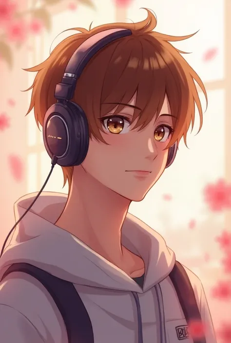 Handsome anime guy gamer,  brown hair,  brown eye , headphones, pastel colors