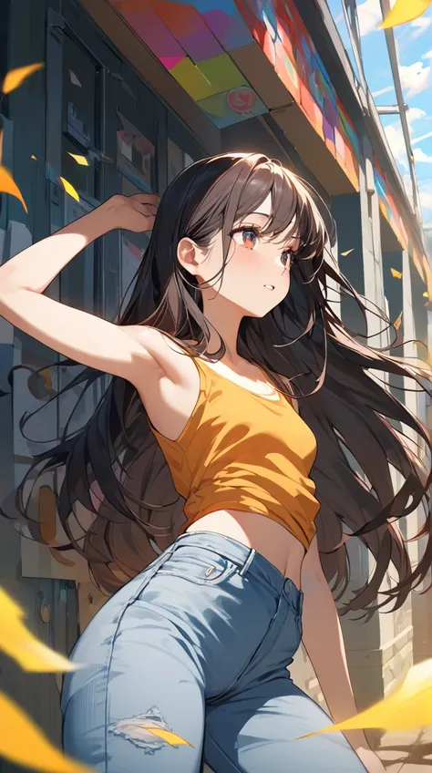 One Girl、Cold look、Deep Eyes、 Long Straight Hair 、 Tank Top and Jeans、Strong Personality 、Small breasts、 Leadership 、  
break、  
Sunny Afternoon、( Strong Contrast :1.2)、Vivid colors、 Vibrant Energy 、Bonds with peers、  
break、  
School grounds、 Being with Y...