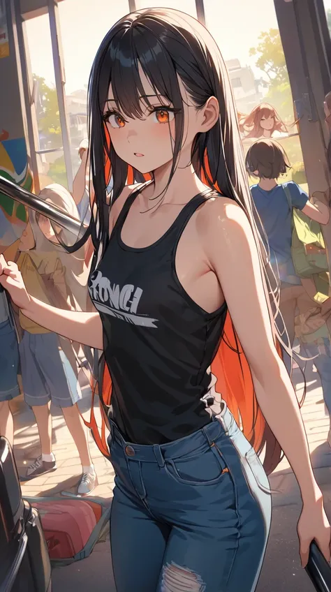 One Girl、Cold look、Deep Eyes、 Long Straight Hair 、 Tank Top and Jeans、Strong Personality 、Small breasts、 Leadership 、  
break、  
Sunny Afternoon、( Strong Contrast :1.2)、Vivid colors、 Vibrant Energy 、Bonds with peers、  
break、  
School grounds、 Being with Y...