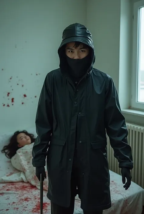 korean girl, (behind stiff, leather balaclava mask), holding knife, stabbing, black gloves, white room, black raincoat, looking at viewer, black wet suit, trucker hat, holding knife, black gloves, woman on top, behind cadaver, blood splatter, bed room, loo...