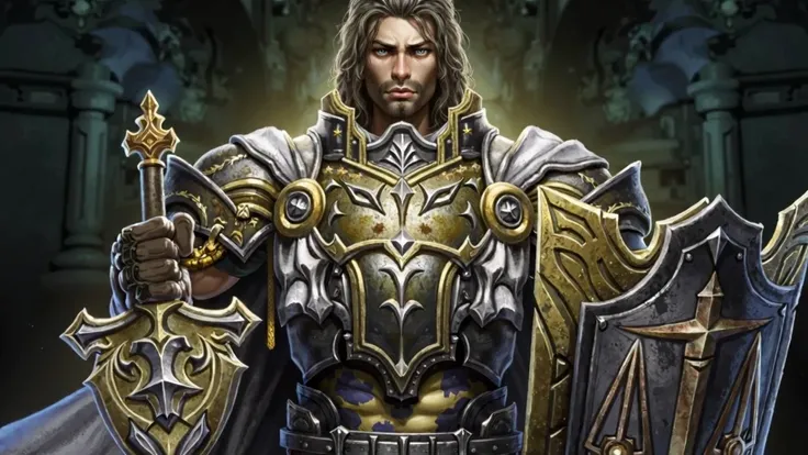  Khaldrak is a short and muscular man ,  symbols with scars that tell the story of his battles .  Your eyes are cold and calculating .  He wears heavy armor with Tyr  (God of Justice ),  but his colors are faded and damaged by the long journey. He has blac...