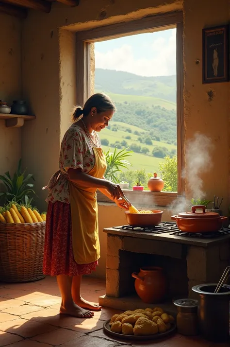 Create the image of a housewife preparing humitas and breakfast for workers set in the Cajamarca region of Peru