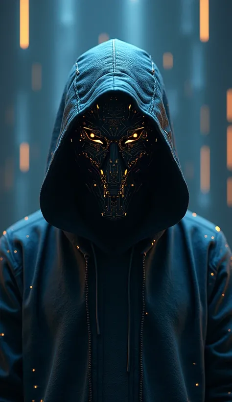 Image is a digital artwork featuring a mysterious figure wearing a hooded cloak. The cloak is adorned with intricate circuit-like patterns in shades of blue and gold, creating a futuristic and technological appearance. The figures face is obscured by a mas...