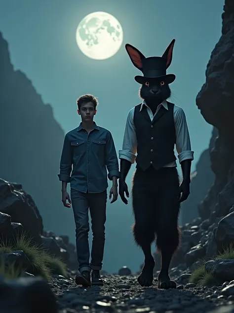 A young man in his early 20s, dressed casually in a denim shirt and jeans, walks through a rocky area at night, Only the full moon illuminates the entire environment, next to him is an anthropomorphic, humanoid creature, as tall as a man, a rabbit with bla...