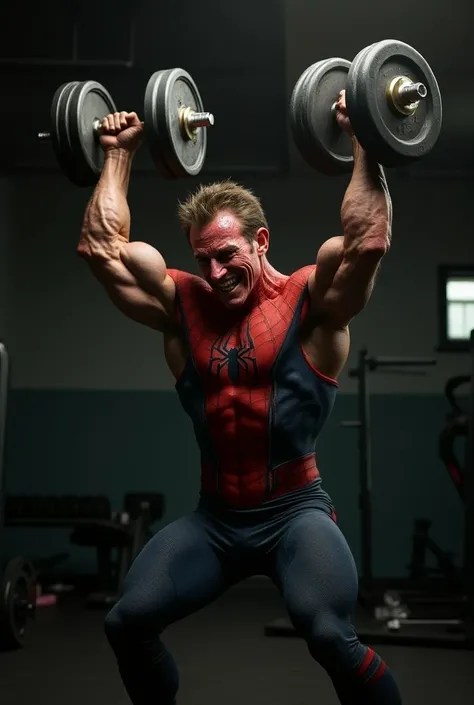 A weak spider man, in Jim, workout, Big dumbbell holding and up and down 
