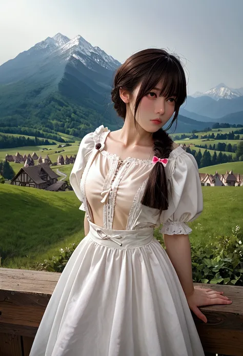 a heroine in the foreground wearing short medieval costumes on top of a mountain looking at a small village in the valley in the background of the image