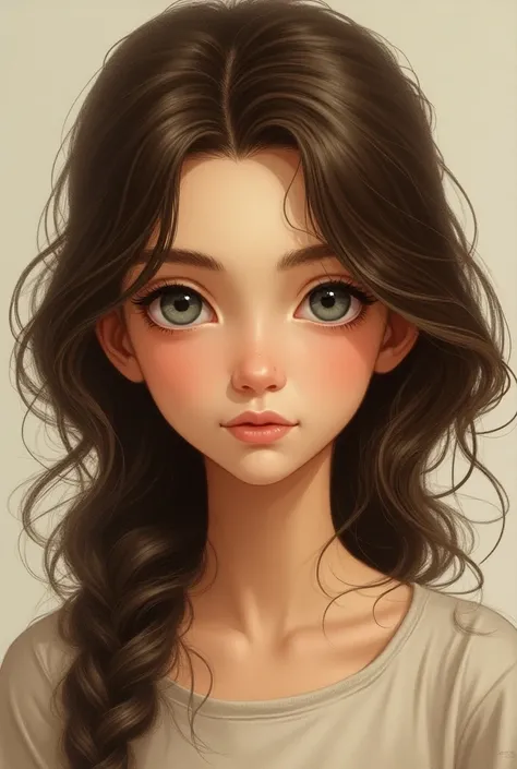 Create a portrait of an 18-year-old young adult girl with brown hair and gray eyes, character illustration for book