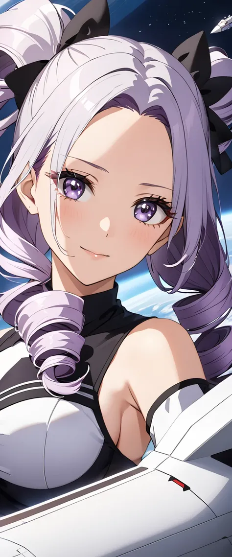 ((White Hair:1.4,  gradation hair )), Purple hair tips, (( split bangs outside a spaceship:1.4, Forehead:1.4)),  short hair , (( TWO SIDES UP:1.4)), ((Big Breasts:1.3)), ((drill hair:1.4)), (White Eyes, White Eyes), Off the shoulder,  close-up , halo, ange...