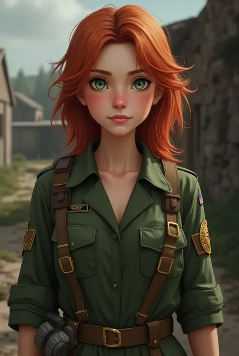 20-year-old girl with medium red hair and green eyes and freckles wearing military clothing