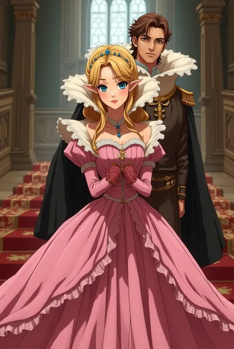 Anime, Renaissance Princess Zelda wearing a Pink Dress with a Massive Medici Popped Collar while bowing to her Prince Zelda wearing a Massive Popped Collar thats taller than his head