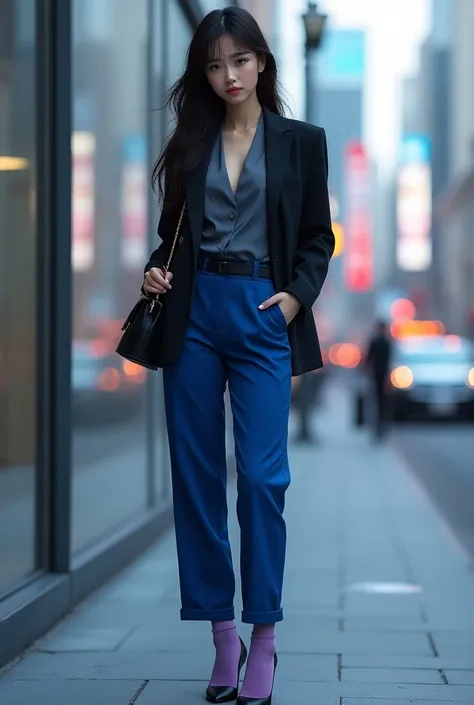 A BEAUTIFUL HOT JAPANESE GIRL WEARING JACKET WITH LONG BLUE PANTS WITH BLACK HEELS WITH LIGHT PURPLE COLOUR SOCKS