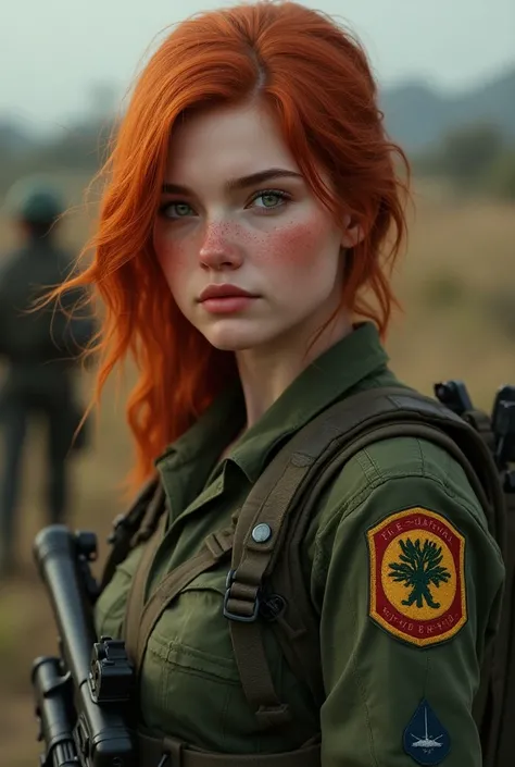 20-year-old girl with medium red hair and green eyes and freckles wearing military clothing