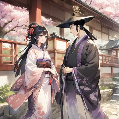 An illustration depicting Minamoto Yoritomo and a beautiful woman walking together in a peaceful traditional Japan garden in the Kamakura period. Minamoto Yoritomo, the leader of the noble samurai, wears the elaborate court clothes of the Heian period. He ...