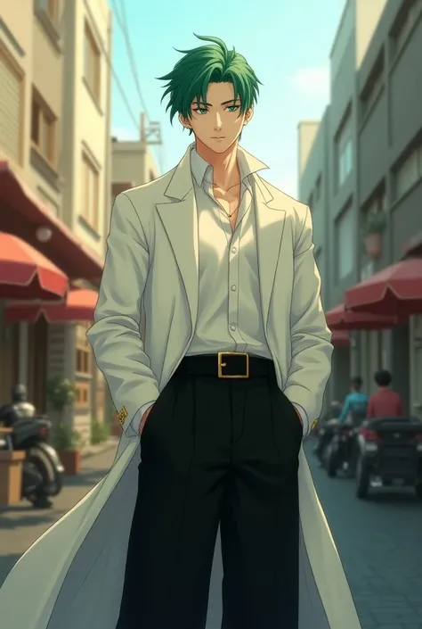 A very handsome anime guy with green hair, a realistic Korean style, very beautiful royal green eyes, wearing long black wide pants, a wide white sweater, a full picture, standing in the street, luxurious clothes, a K-pop guy, good lighting. 

