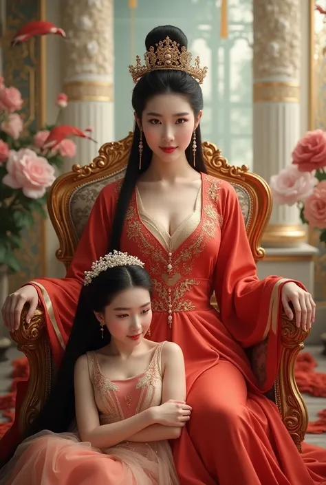 displays a very detailed original photo, studio photo, of a beautiful Korean woman, hair in a bun with neat bangs, decorated with pearls wearing a crown, dressed like a royal consort, tall red and black hair, sitting on a gold royal chair with a kings temp...