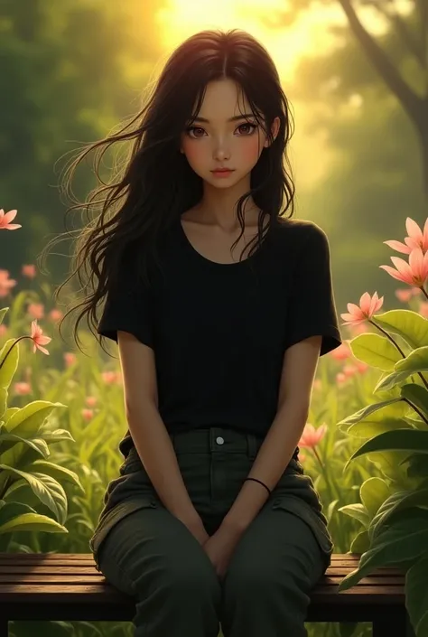 A quite girl thai, moody, meanie, sitting on a bench in a garden. Facing the sun. Her hair is waving for the wind. Tall. Wearing boyish clothes, a black shirt and a cargo pant. Beautiful. Long hair. Shes looking at the sun.