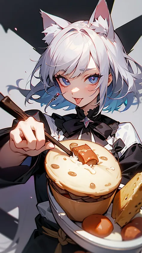 solo, Cat ears,  stick out your tongue, Food,  shortcuts,Silver Hair, anime, Downer