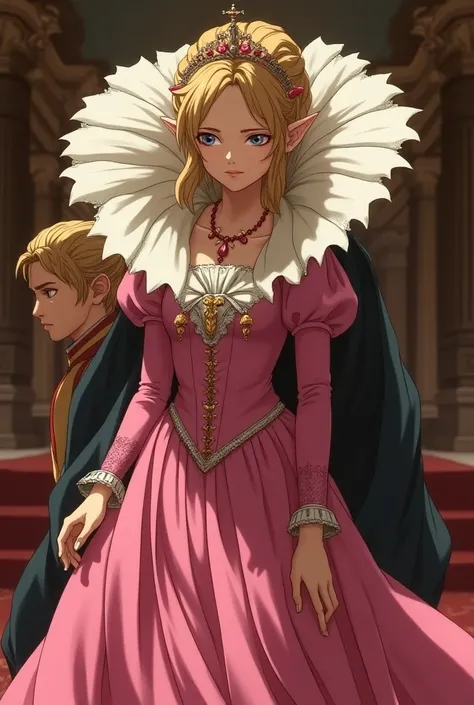 Anime, Renaissance Princess Zelda wearing a Pink Dress with a Massive Medici Popped Collar while bowing to her Prince Zelda wearing a Massive Popped Collar thats taller than his head