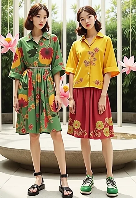 The artistic design of the 2025 spring and autumn loose shirt dress，Vivian.Westwood Style，Super pretty girl model in the form of mangosteen and hanging lotus flowers，Chiffon fabric ， high quality fabric ，--Aspect Ratio 1 : 2 --quality 2 --stylized 500 --v ...