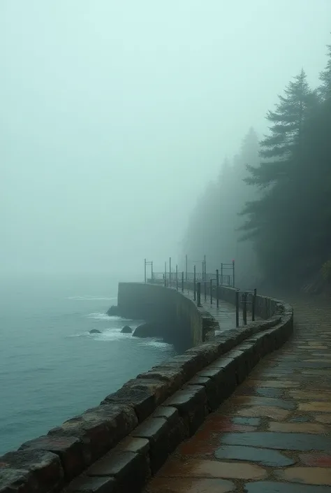  Create a playground on a seaside coast with a stone parapet,  on a cloudy day surrounded by a forest of fine trees , Dry and with very intense fog