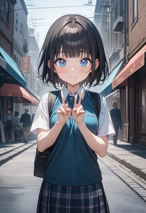 Masterpiece, ultra detailed, 8k, best quality, novel illustration, Around town, 1girl, student uniform,  plaid skirt, Black Hair, Short Hair, blunt bangs, cute eyes, ultra detailed face, blue eyes, nice smile, hand peace sign, straight-on, cowboy shot