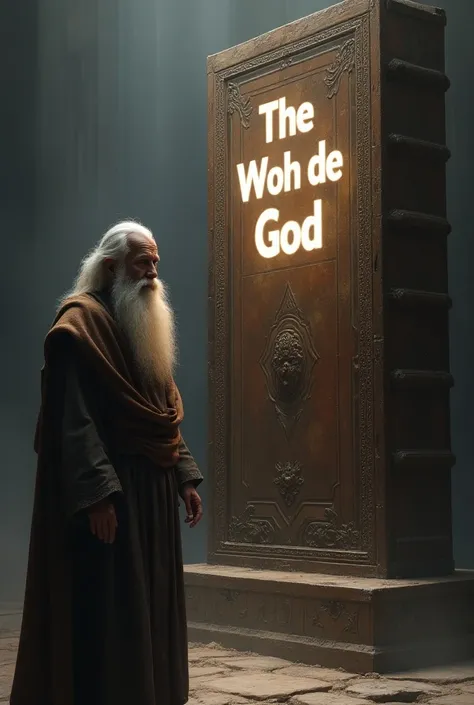  An ancient man and a giant bible that stands by his side.  The Bible says on the cover “The Word of God”. In bright white tones .